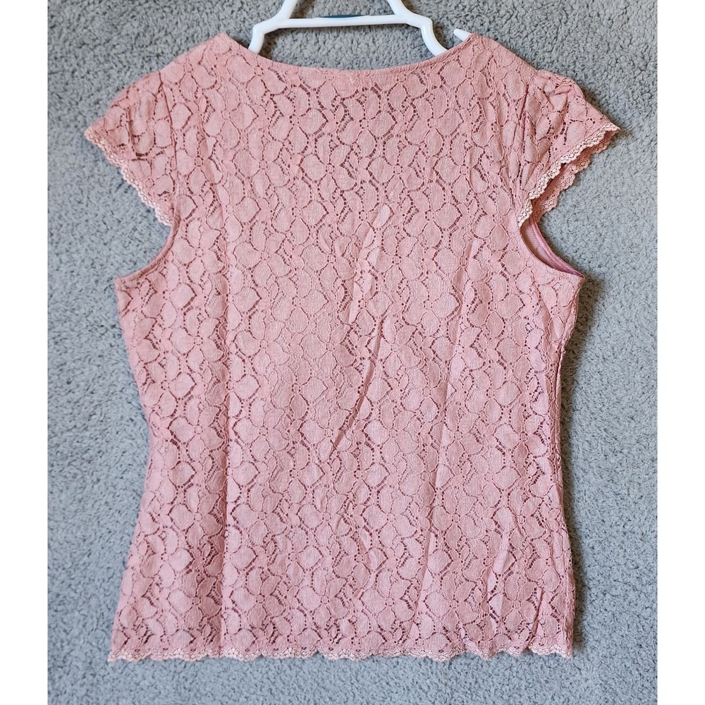 Y2K Merona Lace Blouse Women XL Pink Short Sleeve Empire Waist Satin Tie V-Neck - Picture 9 of 10